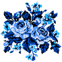 Bouquet of flowers (roses and cornflowers) in blue tones using traditional Ukrainian embroidery elements.  Can be used as pixel-art, card, emblem, icon.