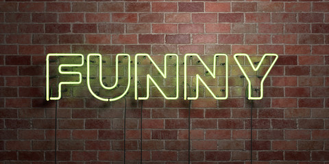 Obraz premium FUNNY - fluorescent Neon tube Sign on brickwork - Front view - 3D rendered royalty free stock picture. Can be used for online banner ads and direct mailers..
