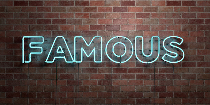 FAMOUS - fluorescent Neon tube Sign on brickwork - Front view - 3D rendered royalty free stock picture. Can be used for online banner ads and direct mailers..