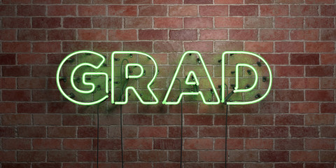 GRAD - fluorescent Neon tube Sign on brickwork - Front view - 3D rendered royalty free stock picture. Can be used for online banner ads and direct mailers..