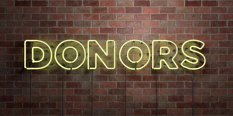 DONORS - fluorescent Neon tube Sign on brickwork - Front view - 3D rendered royalty free stock picture. Can be used for online banner ads and direct mailers..