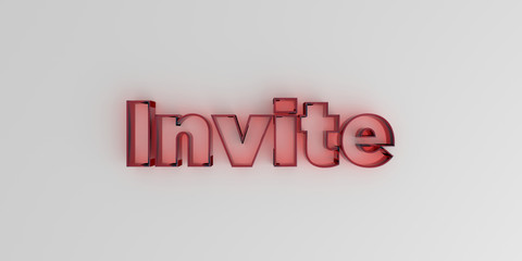 Invite - Red glass text on white background - 3D rendered royalty free stock image.