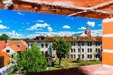Fototapeta na wymiar View of the city of Kaunas, Lithuania to the hill. Panorama of the city. 