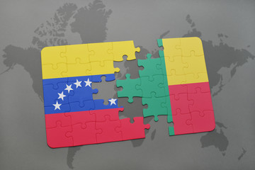 puzzle with the national flag of venezuela and benin on a world map