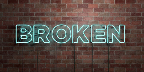BROKEN - fluorescent Neon tube Sign on brickwork - Front view - 3D rendered royalty free stock picture. Can be used for online banner ads and direct mailers..