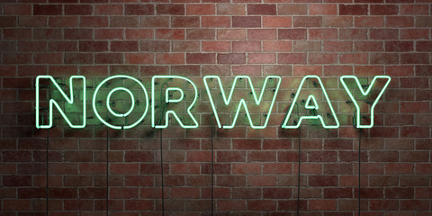 NORWAY - fluorescent Neon tube Sign on brickwork - Front view - 3D rendered royalty free stock picture. Can be used for online banner ads and direct mailers..