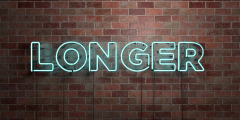 LONGER - fluorescent Neon tube Sign on brickwork - Front view - 3D rendered royalty free stock picture. Can be used for online banner ads and direct mailers..