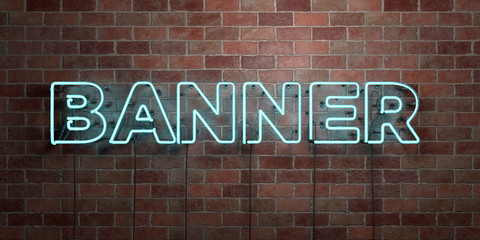 BANNER - fluorescent Neon tube Sign on brickwork - Front view - 3D rendered royalty free stock picture. Can be used for online banner ads and direct mailers..