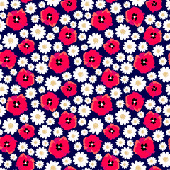 Daisy and poppy  allover pattern. Vector seamless pattern with flower field. 