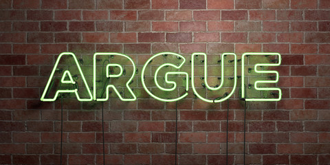 ARGUE - fluorescent Neon tube Sign on brickwork - Front view - 3D rendered royalty free stock picture. Can be used for online banner ads and direct mailers..