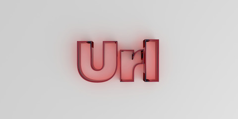 Url - Red glass text on white background - 3D rendered royalty free stock image.
