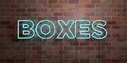 Fototapeta na wymiar BOXES - fluorescent Neon tube Sign on brickwork - Front view - 3D rendered royalty free stock picture. Can be used for online banner ads and direct mailers..