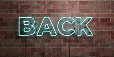 BACK - fluorescent Neon tube Sign on brickwork - Front view - 3D rendered royalty free stock picture. Can be used for online banner ads and direct mailers..