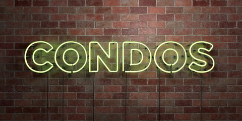 CONDOS - fluorescent Neon tube Sign on brickwork - Front view - 3D rendered royalty free stock picture. Can be used for online banner ads and direct mailers..