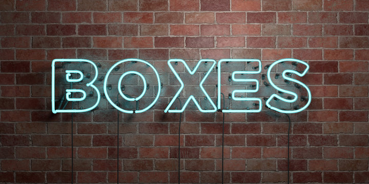 BOXES - fluorescent Neon tube Sign on brickwork - Front view - 3D rendered royalty free stock picture. Can be used for online banner ads and direct mailers..