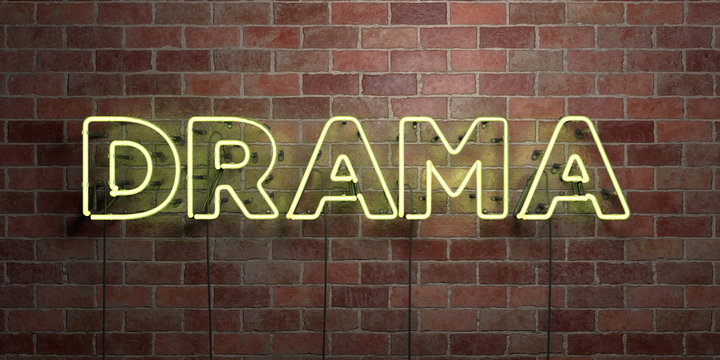 DRAMA - fluorescent Neon tube Sign on brickwork - Front view - 3D rendered royalty free stock picture. Can be used for online banner ads and direct mailers..