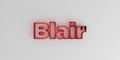 Blair - Red glass text on white background - 3D rendered royalty free stock image.