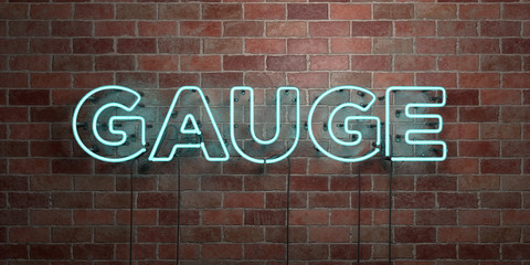 Fototapeta na wymiar GAUGE - fluorescent Neon tube Sign on brickwork - Front view - 3D rendered royalty free stock picture. Can be used for online banner ads and direct mailers..