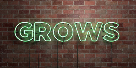 GROWS - fluorescent Neon tube Sign on brickwork - Front view - 3D rendered royalty free stock picture. Can be used for online banner ads and direct mailers..
