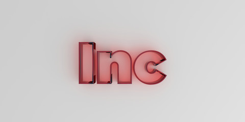 Inc - Red glass text on white background - 3D rendered royalty free stock image.