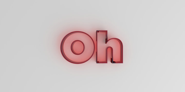 Oh - Red glass text on white background - 3D rendered royalty free stock image.