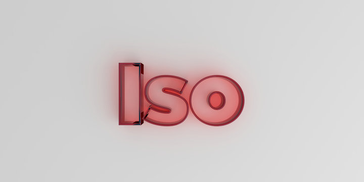 Iso - Red glass text on white background - 3D rendered royalty free stock image.