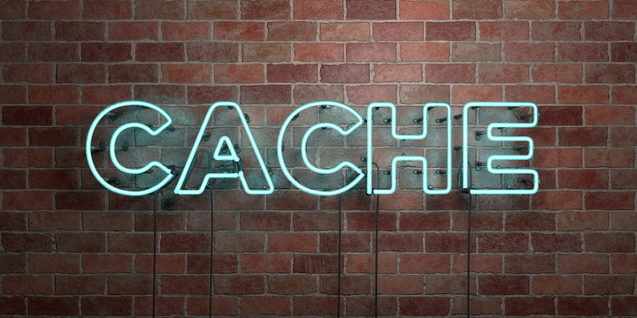 CACHE - fluorescent Neon tube Sign on brickwork - Front view - 3D rendered royalty free stock picture. Can be used for online banner ads and direct mailers..
