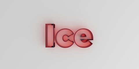 Ice - Red glass text on white background - 3D rendered royalty free stock image.