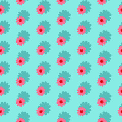 Pink daisies seamless pattern on a blue background. Daisy field.  Flower chain.