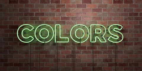 COLORS - fluorescent Neon tube Sign on brickwork - Front view - 3D rendered royalty free stock picture. Can be used for online banner ads and direct mailers..