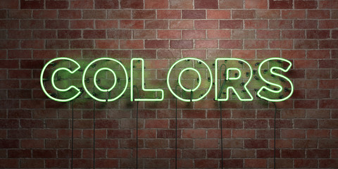 Obraz premium COLORS - fluorescent Neon tube Sign on brickwork - Front view - 3D rendered royalty free stock picture. Can be used for online banner ads and direct mailers..