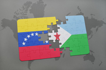 puzzle with the national flag of venezuela and djibouti on a world map
