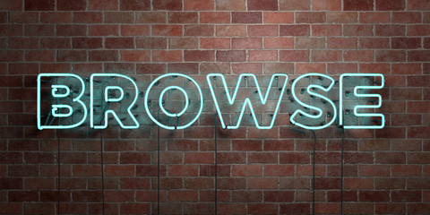 Fototapeta premium BROWSE - fluorescent Neon tube Sign on brickwork - Front view - 3D rendered royalty free stock picture. Can be used for online banner ads and direct mailers..