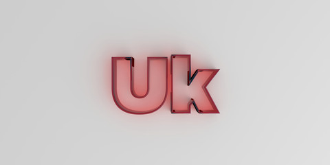 Uk - Red glass text on white background - 3D rendered royalty free stock image.