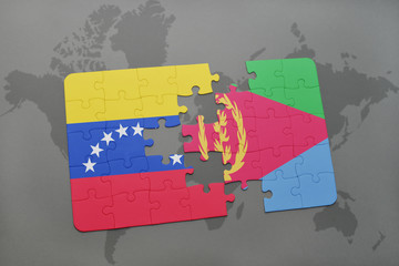 puzzle with the national flag of venezuela and eritrea on a world map