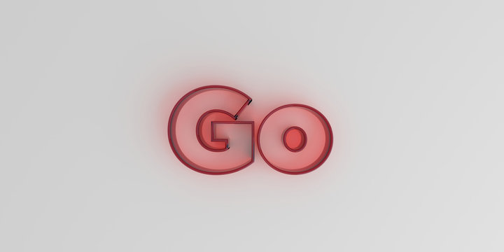 Go - Red glass text on white background - 3D rendered royalty free stock image.