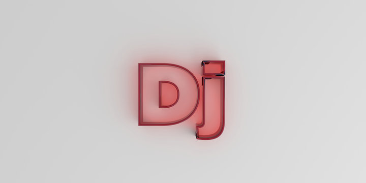 Dj - Red glass text on white background - 3D rendered royalty free stock image.