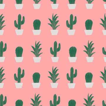 Seamless pattern with hand drawn cactus in green and white on pink background.