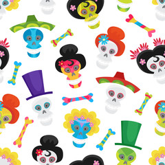 Seamless pattern with colorful skulls and bones