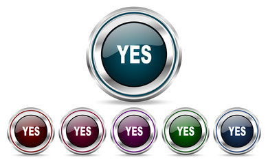 Yes silver metallic web and mobile phone set of vector icons isolated on white background in eps 10.