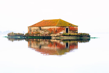High key landscape of a abandon house on the Aveiro river in Portugal