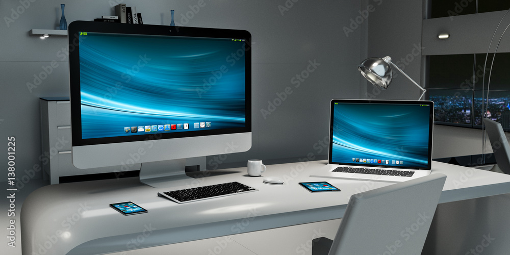 Poster Modern dark desk office interior with computer and devices 3D rendering