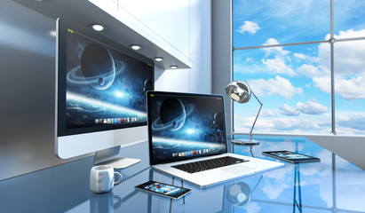 Fototapeta premium Modern glass desk interior with computer and devices 3D rendering