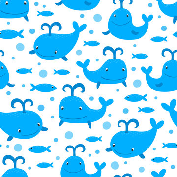 Cartoon marine seamless pattern with whales and fishes