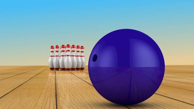 Bowling ball crashes into skittles. 3d render.