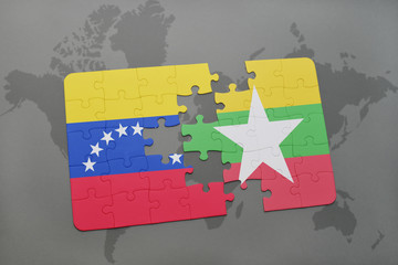 puzzle with the national flag of venezuela and myanmar on a world map