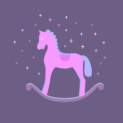 Cute pink vector rocking horse isolated on violet background. Baby toy. Design element for logo, card, t-shirt print, invitation, scrapbook, accessories