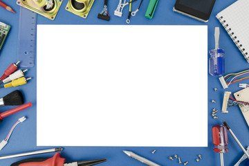 research and development process in physics and engineering. Components, records and tools on the...