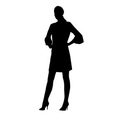 Slim business woman standing with hands on her hips. High heels shoes. Strict pose vector silhouette