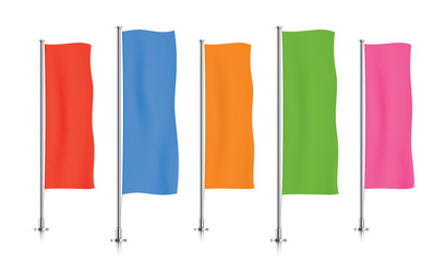 Five colorful vertical banner flags, standing in a row. Red, blue, orange, green and pink banner flag templates isolated on background. Vertical flags realistic mockup.